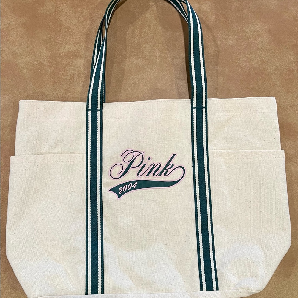 PINK Victoria's Secret Cream Tote with Green Straps